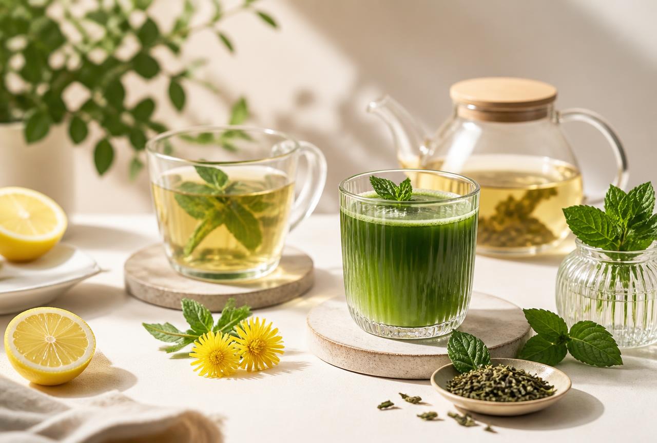 Infusiones herbales y jugo verde natural en vasos de vidrio con menta y limón